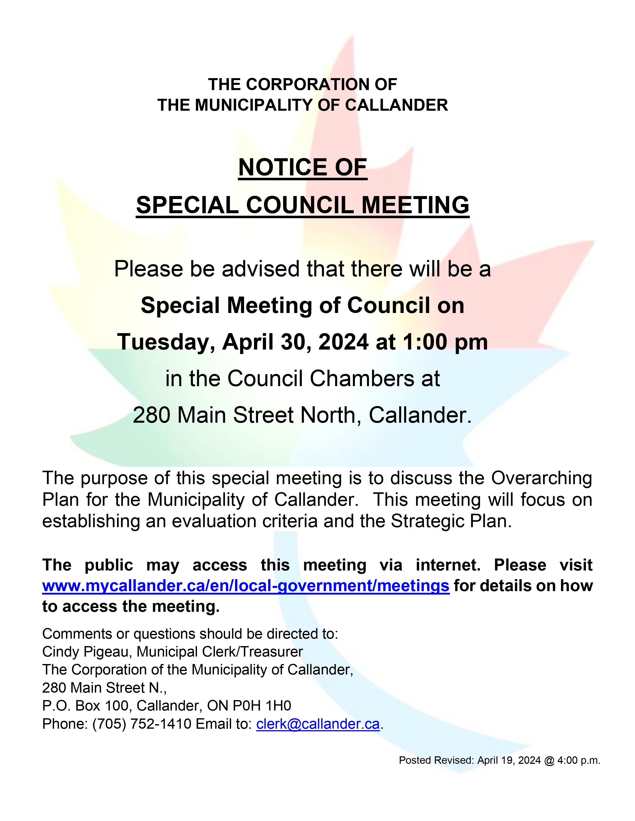 NOTICE OF SPECIAL COUNCIL MEETING